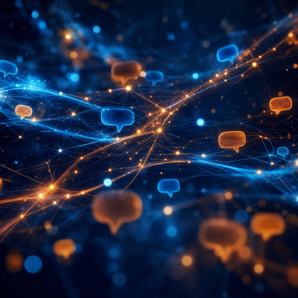 Abstract visualization of glowing connected nodes and message bubbles across a dark blue background
